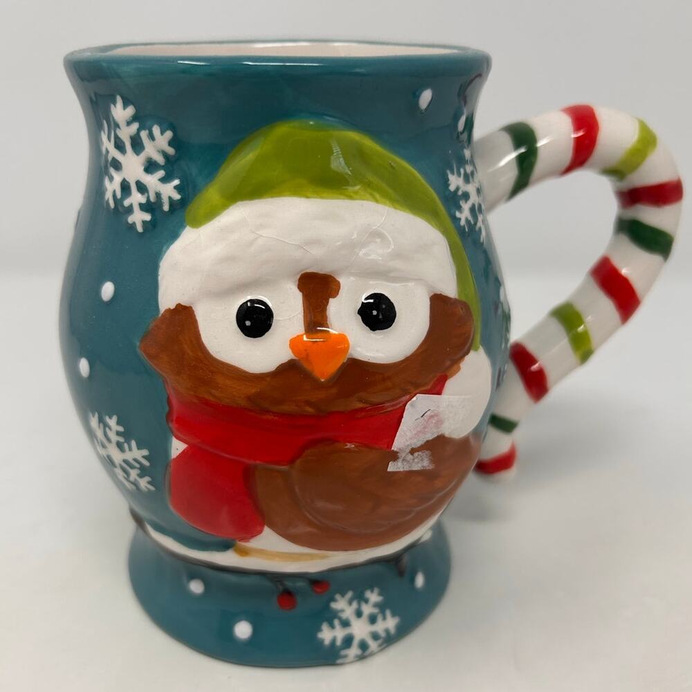 Owl Jumbo Christmas Mug with Candy Cane‎ Handle Hand-painted Ceramic